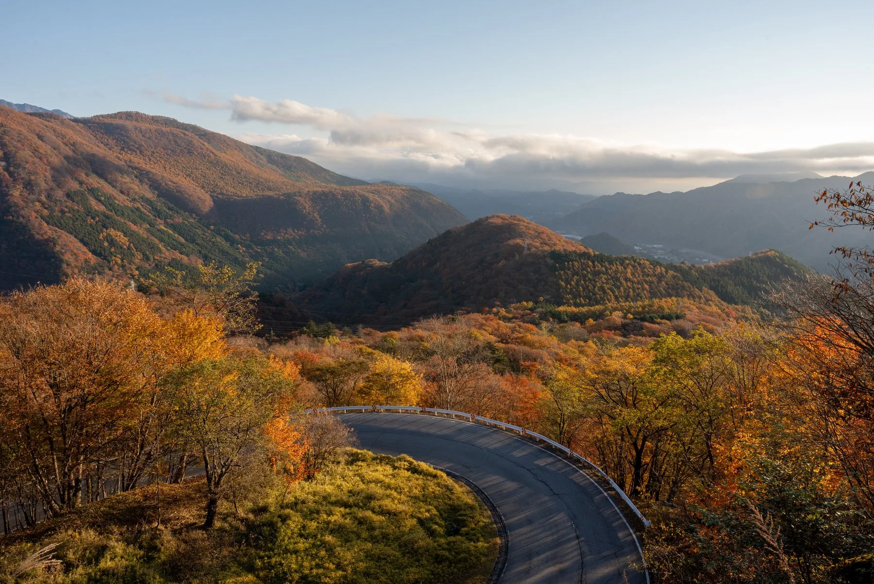 Aerial drone view, Mount Nantai and Lake Chuzenji at the top of Iroha-zaka