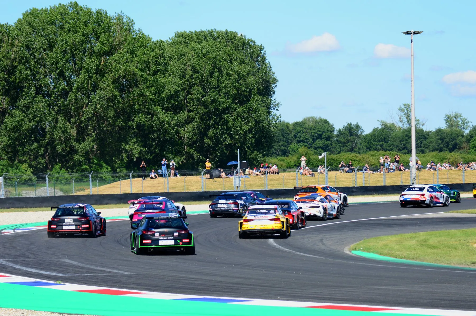 Drift cars in tandem at Slovakia Ring POWER FEST in front of grandstand crowd