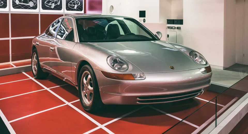 Porsche 989 four-door sedan concept (1988), the front-engined Panamera ancestor, on display at the Porsche Museum