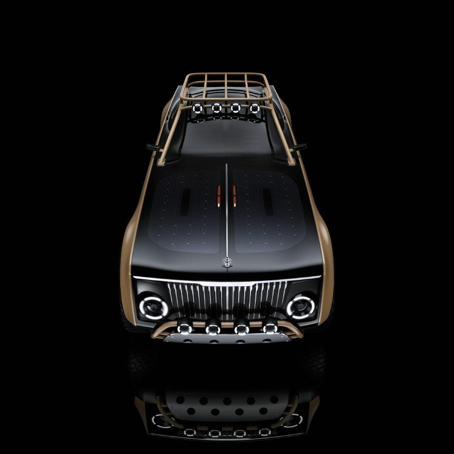 Mercedes-Maybach S 680 by Virgil Abloh, a black-roofed champagne two-tone S-Class with matching gold wheels, rear three-quarter view with doors open